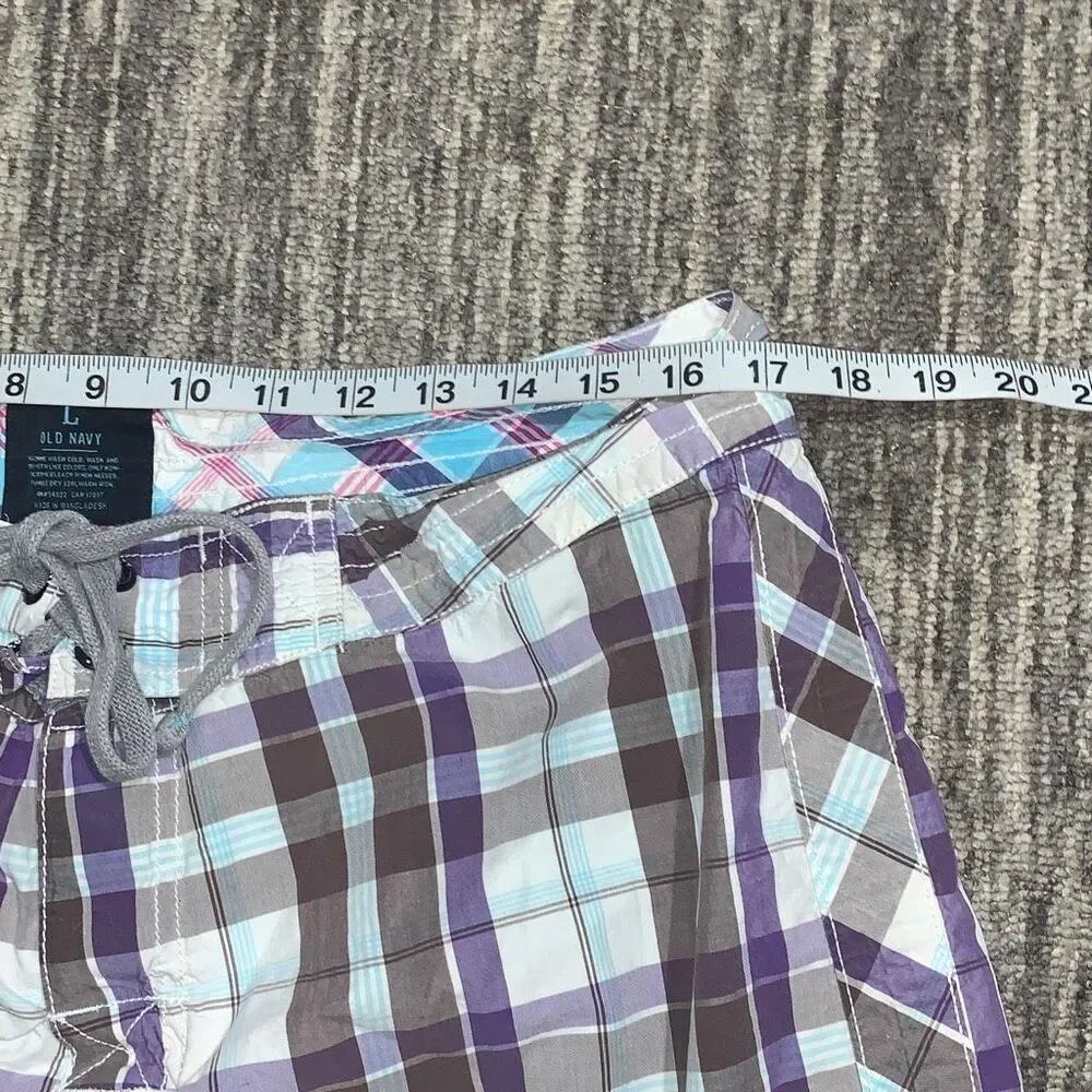 Old Navy Mens Size Large Cargo Swim Shorts Purple Cream‎ Plaid Tie Beach Summer